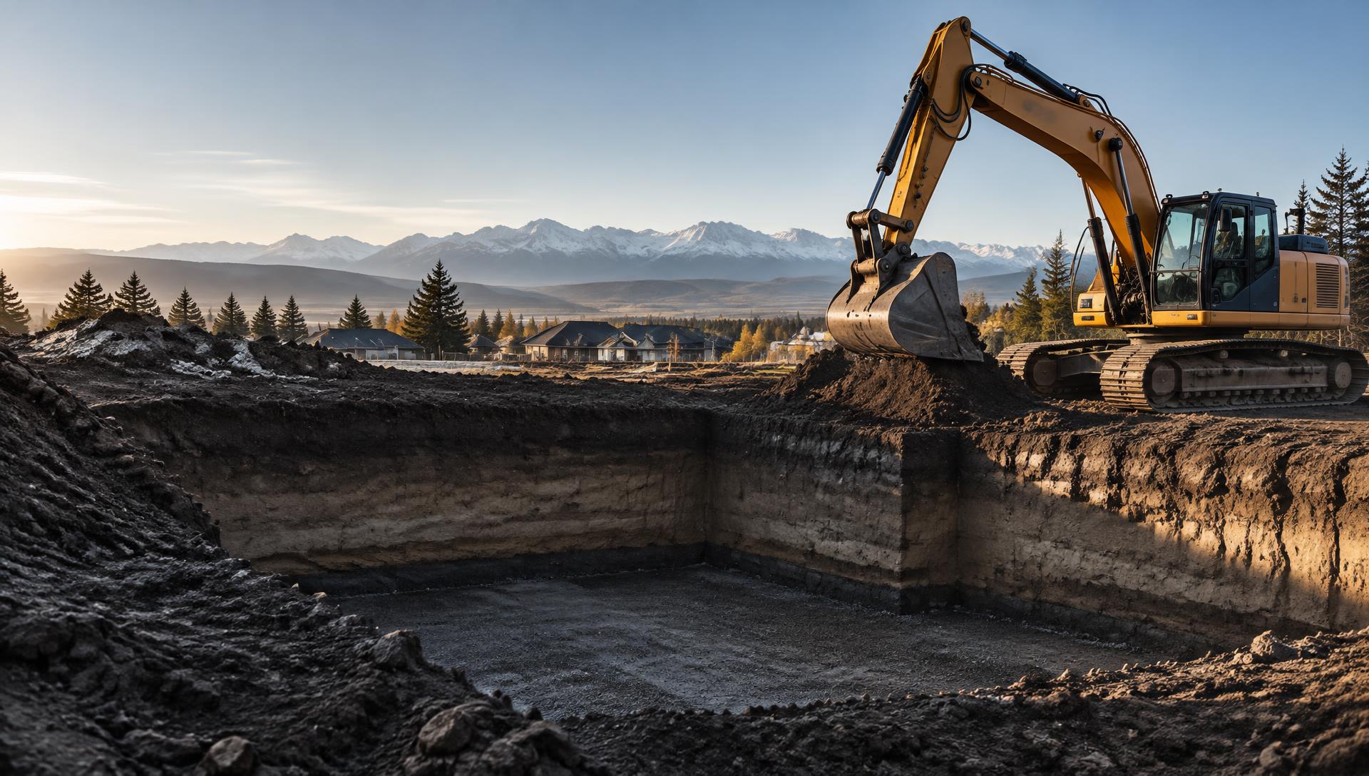 Excavator preparing a foundation site near Calgary